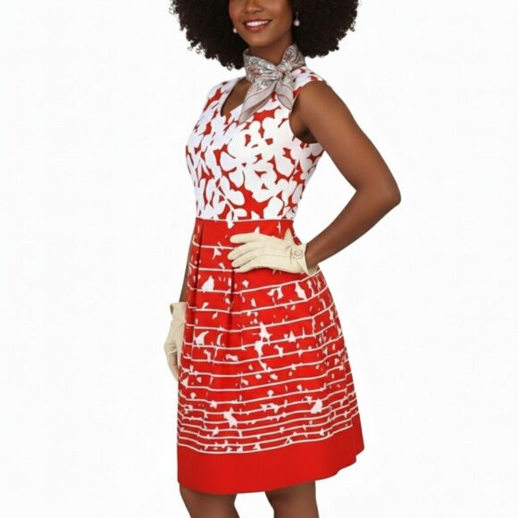 Studio One Red-Orange White Floral A-Line V-Neck Travel Dress 60s 70s Mod Sz 4 - Picture 2 of 14